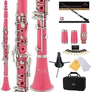 Mendini by Cecilio B Flat Clarinet w/ 2 Barrels, Stand, Reeds, Hard Case - Pink